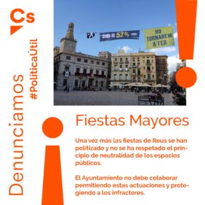 Ciutadans (Cs) pide explicaciones por las pancartas independentistas y la bandera negra catalana de la plaza del Mercadal durante la diada de Sant Pere